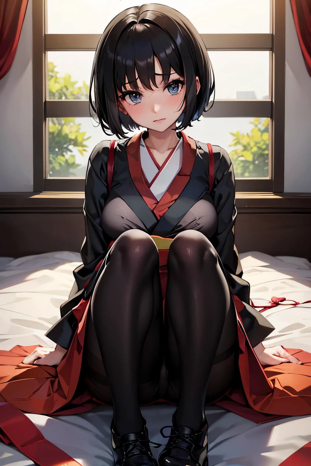 Érica、Pokémon、cheveux noirs、Cheveux courts、((collants))、Photo d'en bas、Poitrine moyenne、Chambre à coucher、((De même))、Une fille、bottes、Assis de caca、ruban rouge、((soutien gorge noir))