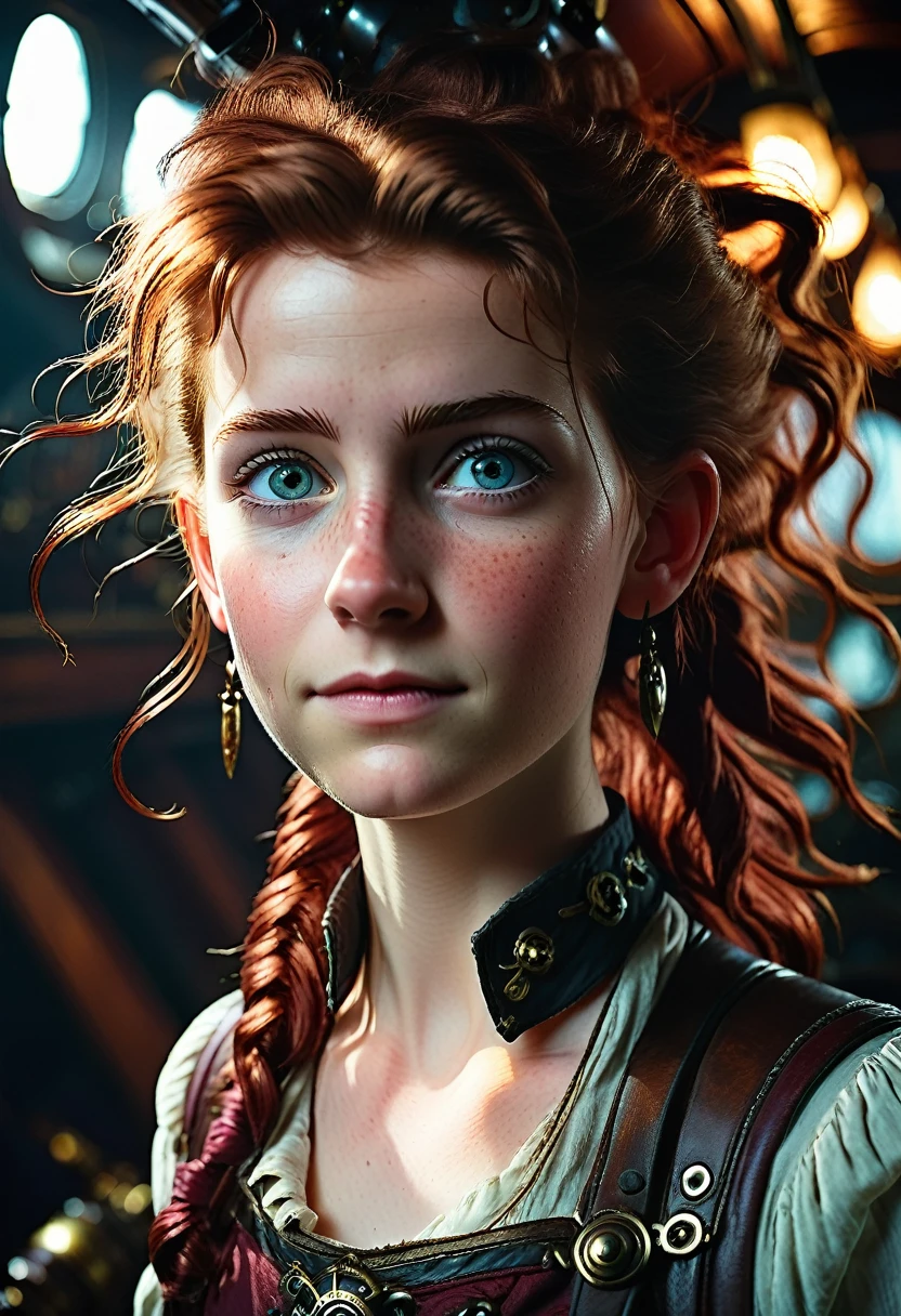 (editorial photography of Aerith Gainsborough), (highly detailed face:1.4), no close-up, (smile:0.4), (background inside dark, moody, private:1.3), steampunk pirate's airship, nikon d850, stock photography, kodak portra 400 film ,camera f1.6 lens, bokeh, og style, rich colors, hyper realistic, lifelike texture, dramatic lighting, cinestill 800, messy hair, serious, (freckles:0.4), pale skin, cute sexy