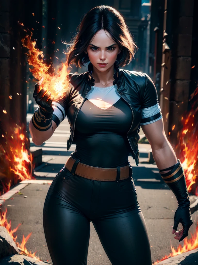 30-year-old woman, alone, alone, sexy, sensual, dark hair, white band on her forehead, white short-sleeved shirt, wears a black short-sleeved jacket, black pants at her hips, thin brown belt at her waist, wears black fingerless gloves that cover almost his entire forearm, serious look looking at the viewer, fire coming out of his hand, cinematic, ultra-sharp focus, award-winning photography, perfect contrast, high sharpness, depth of field, ultra-detailed photography, global illumination, fluid, ultra high definition, 8k, Unreal Engine 5, ultra-sharp focus, award-winning photography, art season trends,
