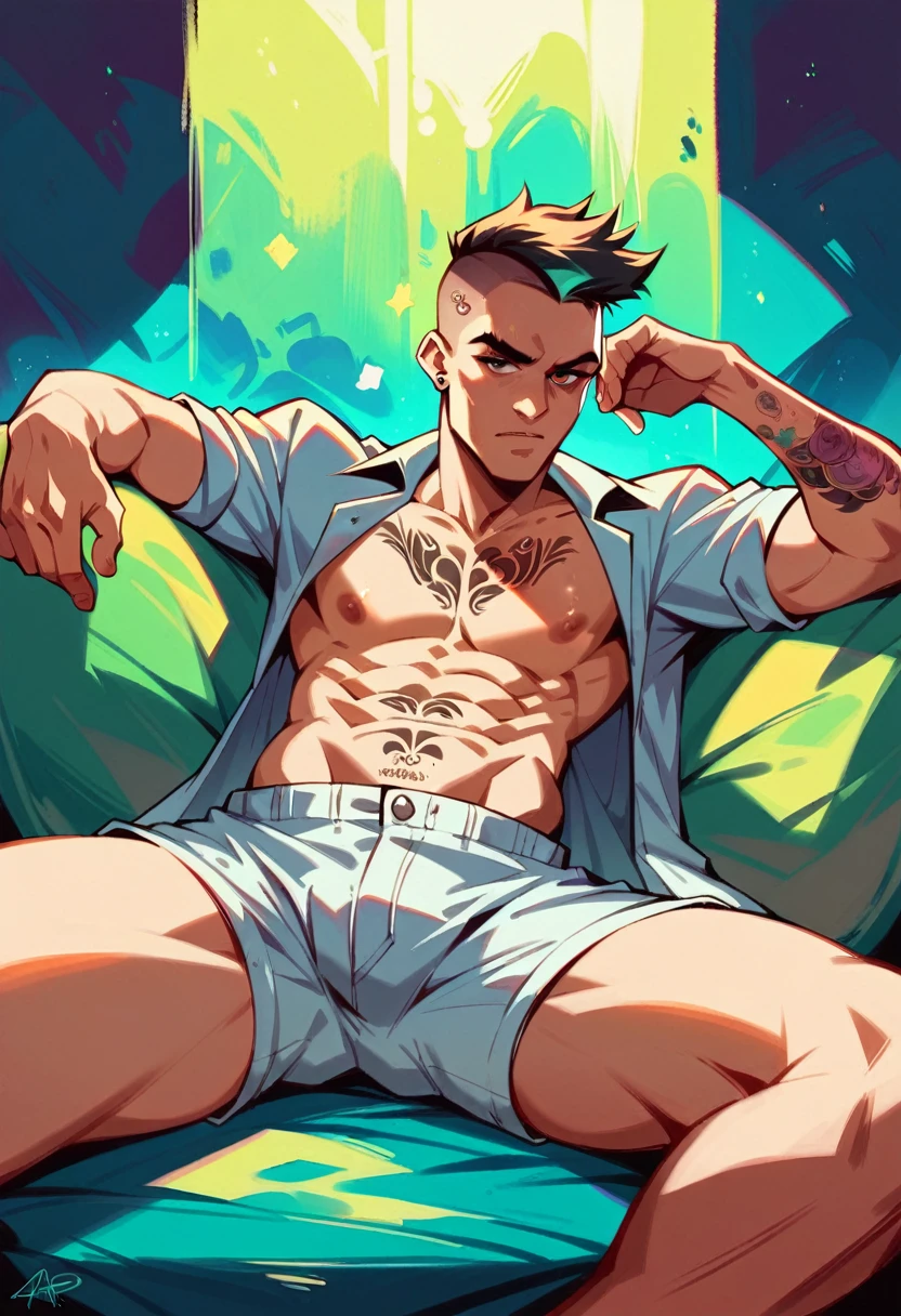 hot guy buzzcut, tattoo, wearing white shorts, open shirts, lounging with swagger, radioactive glow style, ultrarealistic and highly detailed photography, highest resolution image. ar 16:9, abstract oil painting image.