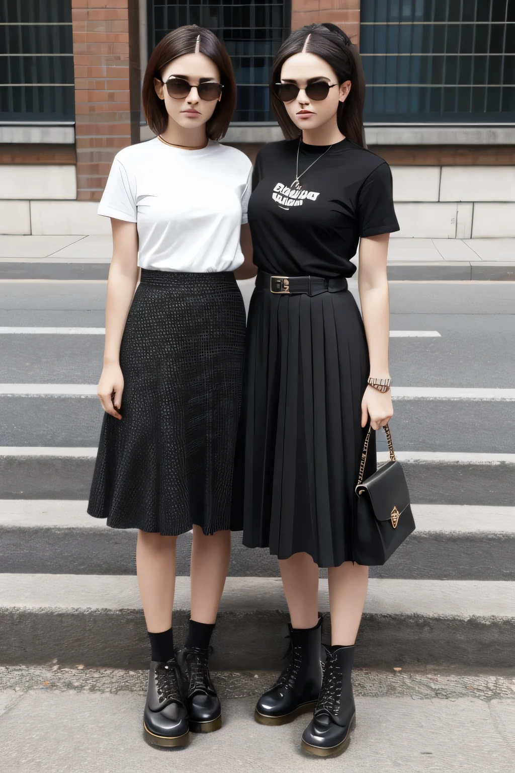 A woman wearing a skirt and Dr. Martens is wearing black sunglasses.. The woman has her arms crossed and has an arrogant expression.. The woman is almost falling backwards, but she looks unconcerned.