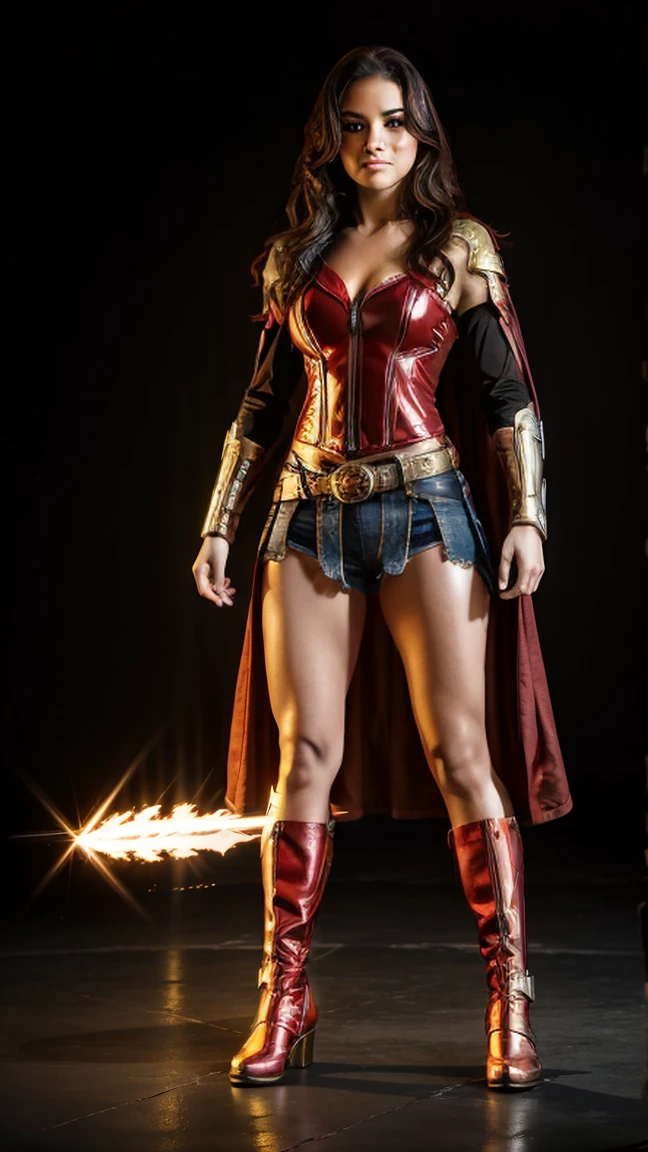 ((full body photo, standing, feet on the ground)) Wonder Woman A red-haired warrior with yellow eyes wearing black and gold Supergirl armor,hair with bangs, hair with bangs, lots of lighting