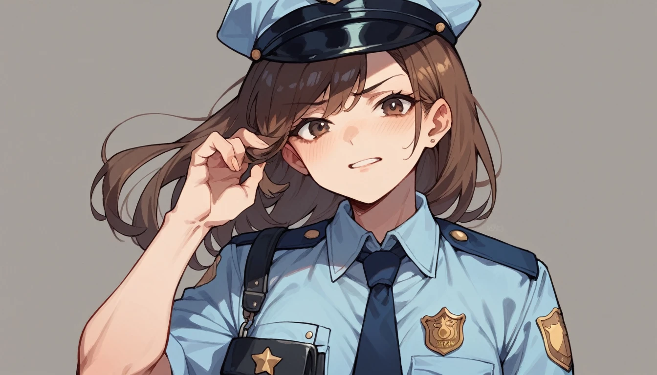 a white police officer with brown hair