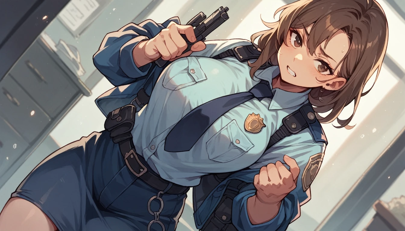a white police officer with brown hair