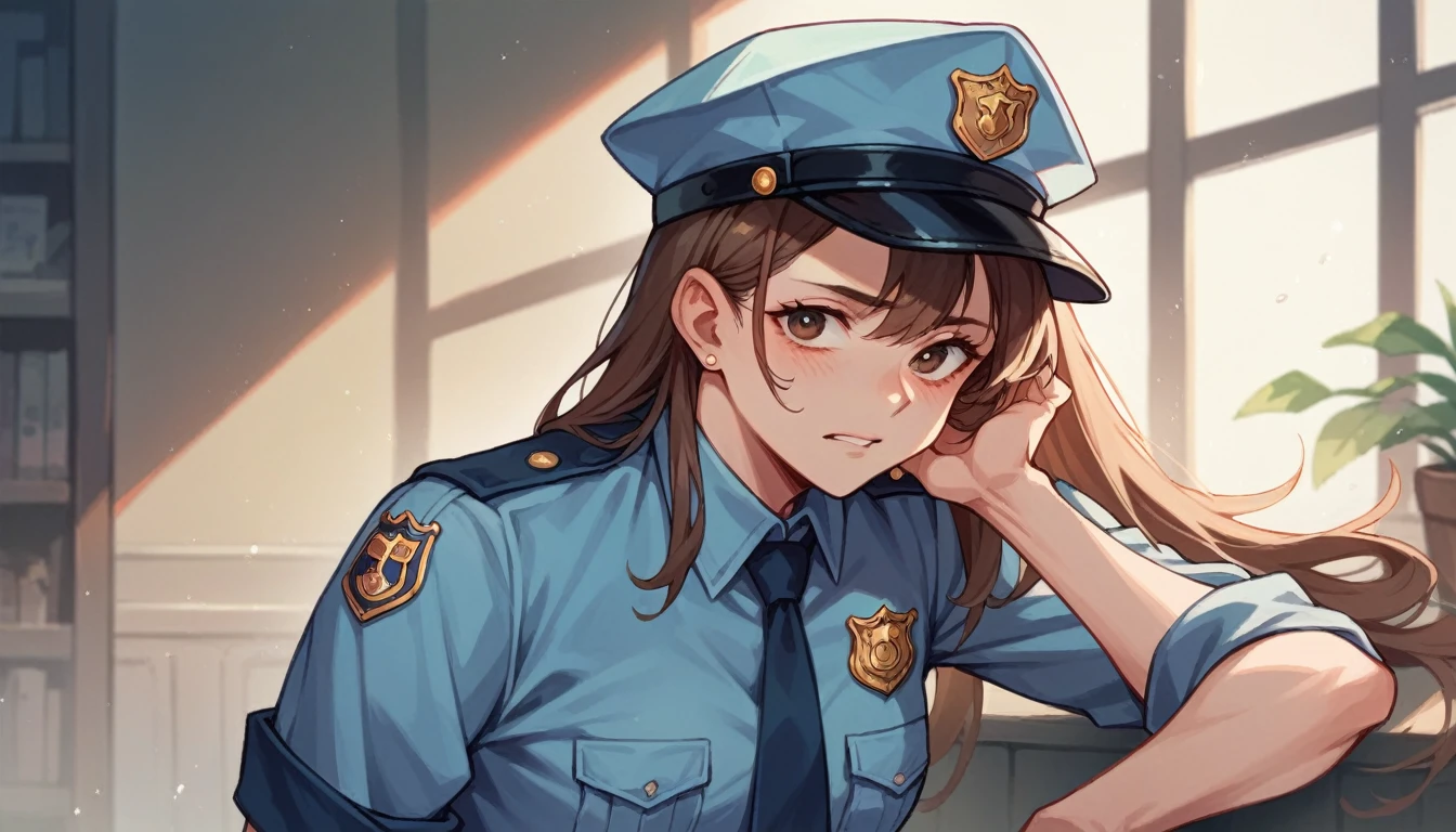 a white police officer with brown hair