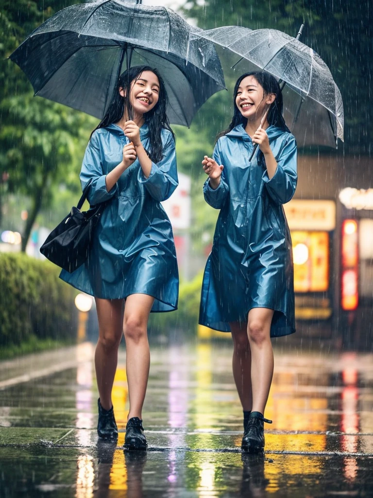 Two friends walk hand in hand in the rain, their smiles radiating joy despite being soaked. The soft sound of rain creates a peaceful melody as they share moments of pure complicity and friendship..