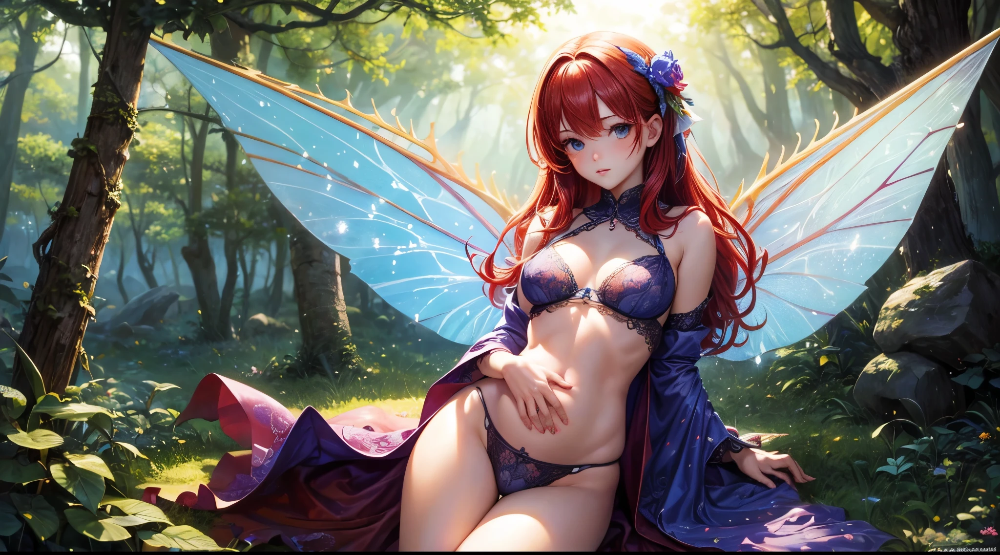 ( Absurd, High quality, ultra-detailed, masterpiece, concept art, smooth, highly detailed artwork, hyper-realistic painting ) , tiny , cute, whole body, Romantic, Vivid, dreamy, fantasy, fairy wings, in the forest, enchanting glow, very detailed art, reveal clothes, sexy lace underwear,  transrarrent clothnes, perky niples, ((pregnat)), redhead