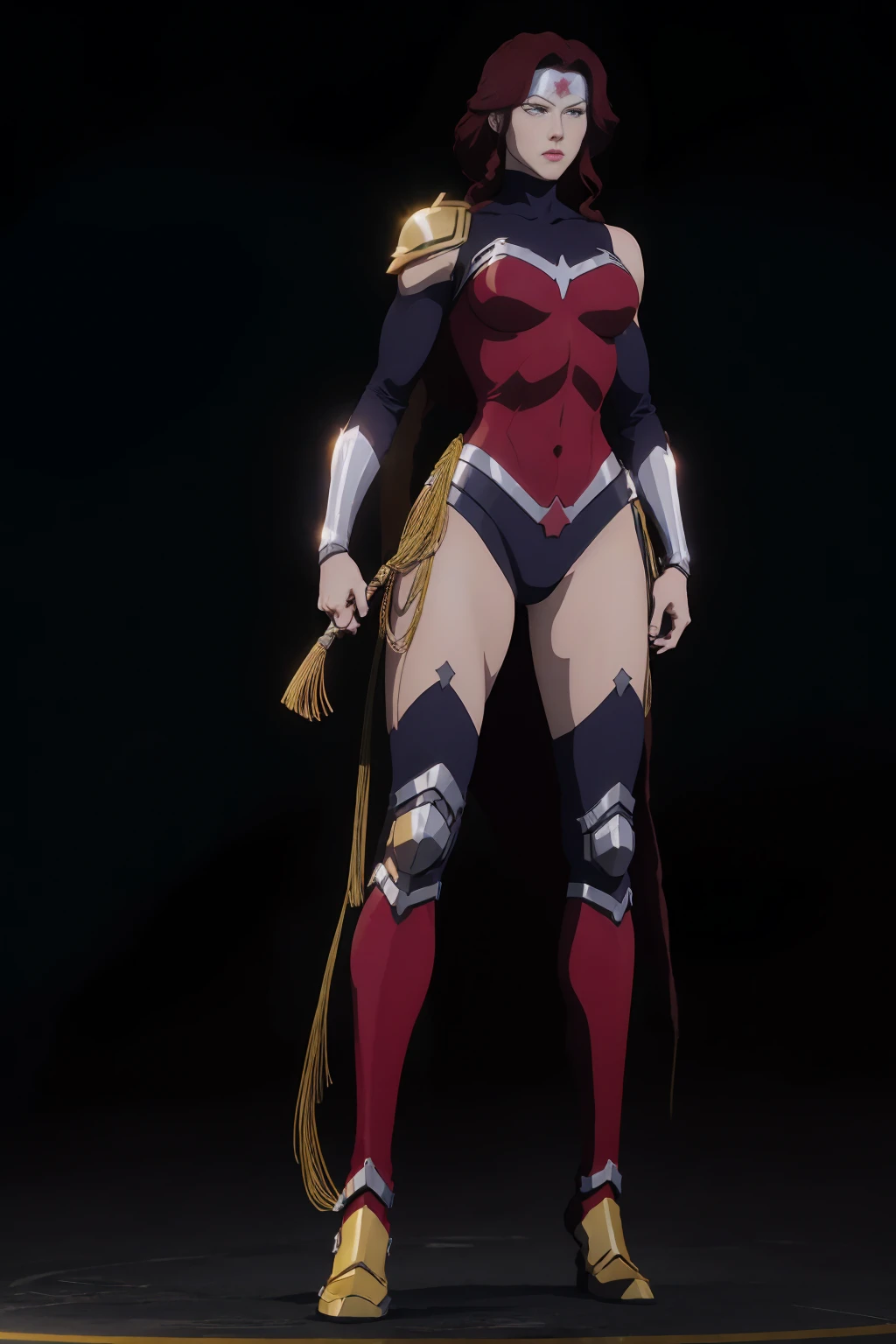 ((full body photo, standing, feet on the ground)) Wonder Woman A red-haired warrior with yellow eyes wearing black and gold Supergirl armor, bright lighting, light background, sunlight