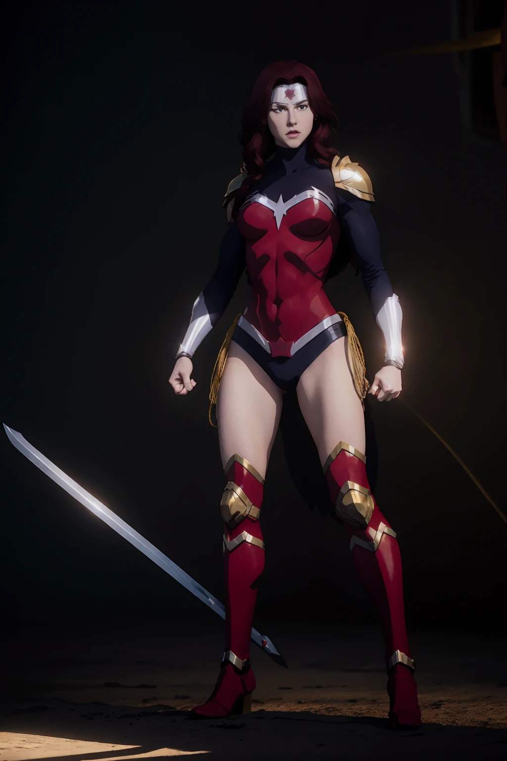 ((full body photo, standing, feet on the ground)) Wonder Woman A red-haired warrior with yellow eyes wearing black and gold Supergirl armor, bright lighting, light background, sunlight
