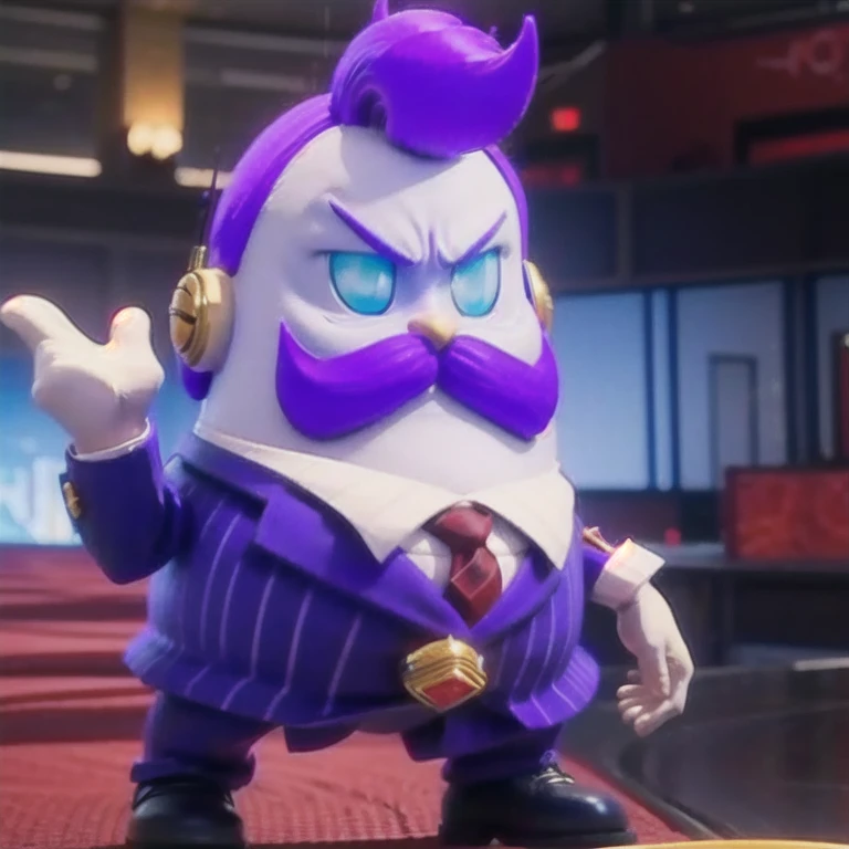 front view of Haltmann, purple hair, purple mustache, dressed in a dark blue suit with pink vertical lining, pink shirt, red tie, black shoes, gold suit button with a red diamond, pale purple hands, pink cuffs, purple pale, blue eyes, golden headset with antenna, in a large office room