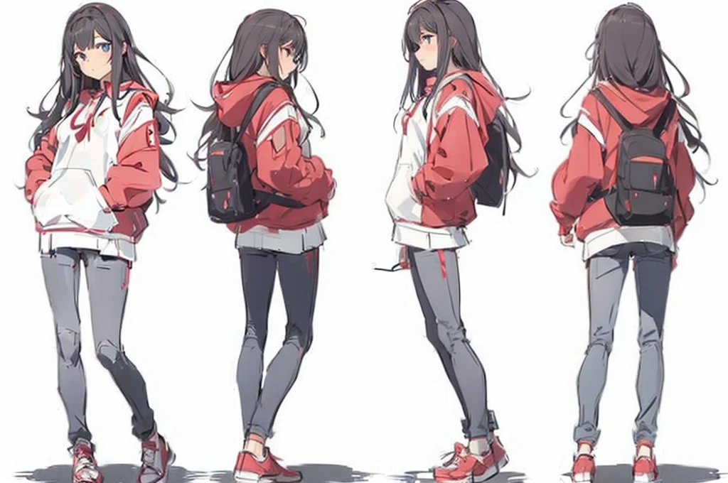 ((((HIGH SCHOOLGIRL)))) Turning Blade, Character Design Sheet, Same character, side view, back view, front view, conceptual art;(((FULL HUMAN BODY))), (clothes), (Not naked);