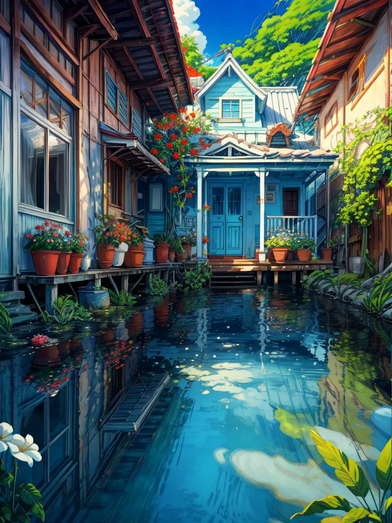 super wide perspective, outdoors, a beautiful white colored old cabin near beach, sea, blue doors and windows, beach, sand, tropical plants, stairs, amazing sky, ghibli anime scene, pots with tropical leafy plants, white metal chair with table, white cycle with basket, red flowers in balcony, flowers in foreground, cinematic color tones, subtle light, vibrant color tones, ghibli style, no humans, scenery, masterpiece, high resolution
