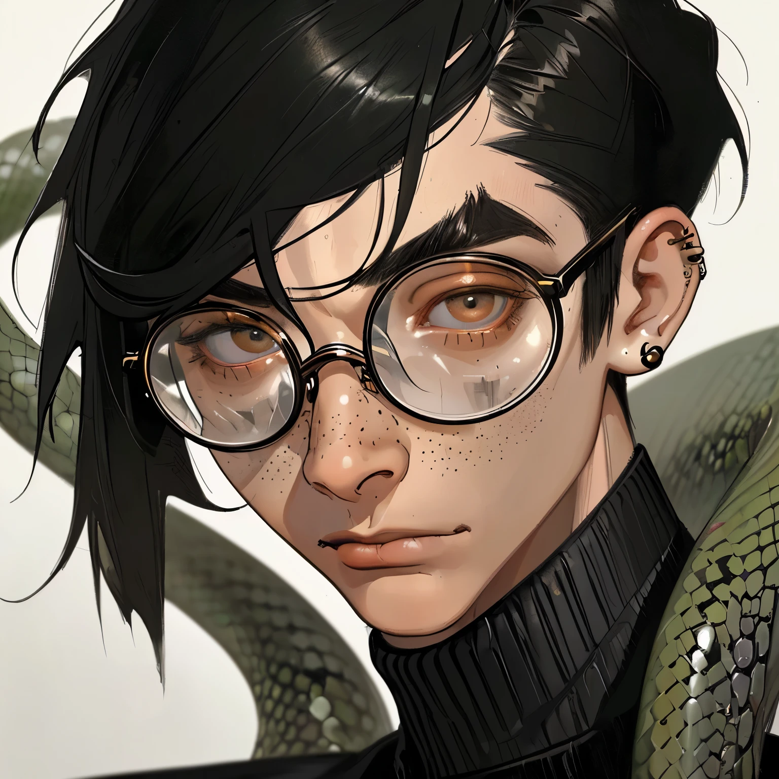 (oil painting), (((realistic))), 1boy, black hair, hair between the eyes, bangs, freckles, round glasses, portrait, scuff effect, aesthetics, white background, looking aside, cheekbones, piercing, eyebrow piercing, earring, snake earring, black turtleneck, portrait