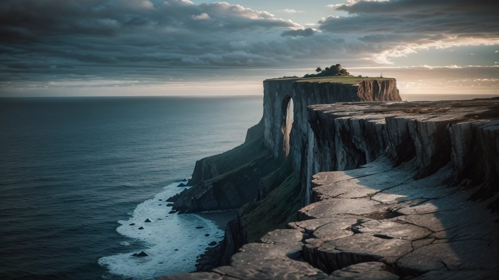 A worm's eye view of towering sea cliffs with rugged textures, the ocean swirling below in dramatic fashion, with clouds casting shadows over the scene, at twilight, shot with a Fujifilm GFX 100S, macro lens, monochrome palette with subtle blue tones