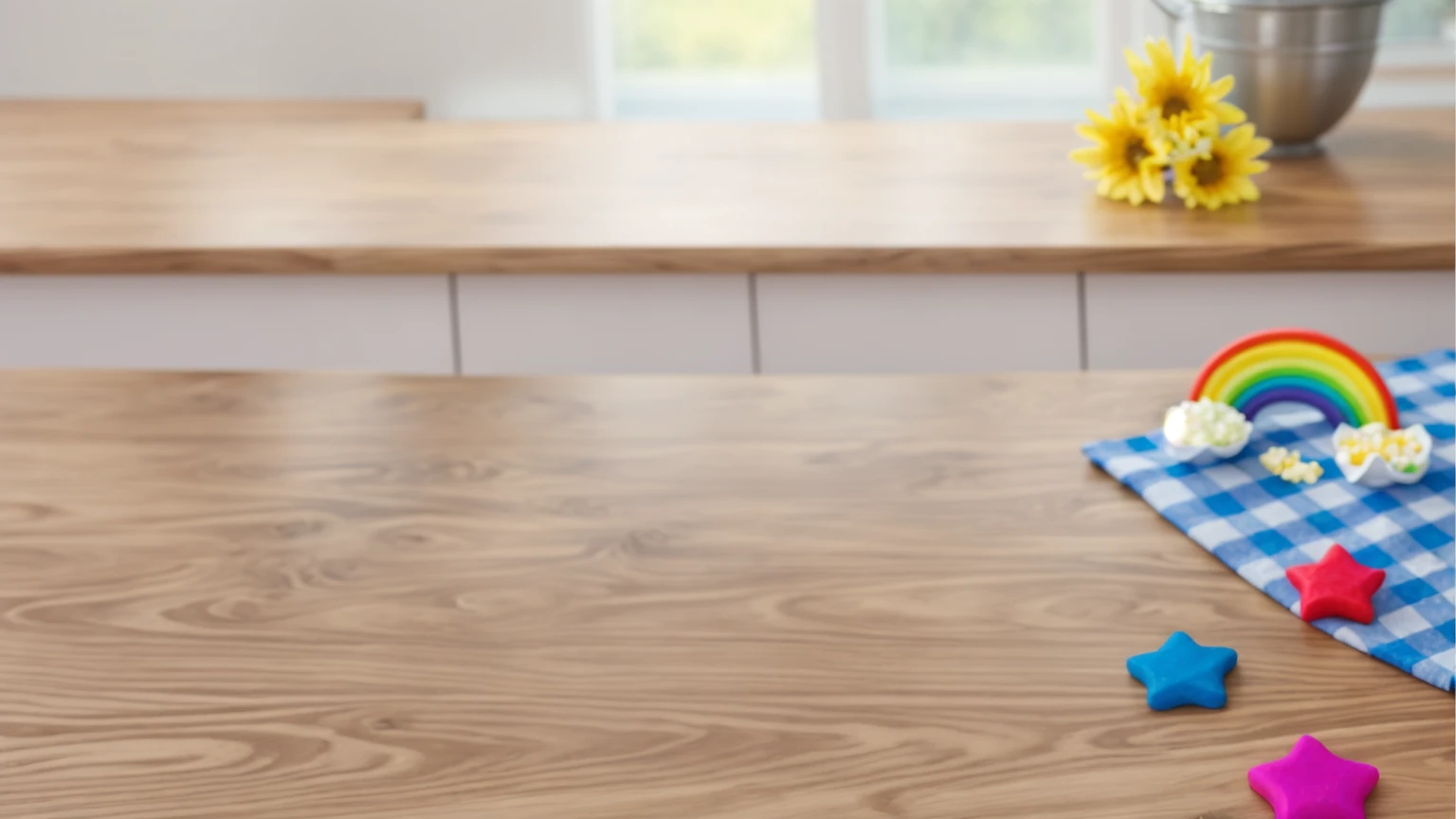 on a wooden table. there is a white plate. on the table there is a BLUE checkered tablecloth, there are STAR candies on the table next to them, ON THE TABLECLOTH IS A RAINBOW MADE OF POLYMER CLAY. against the background of the kitchen, Fruit basket, vase with Flowers, Basket with berries , bright lighting, Realistic style , realistic texture, detailed texture, a high resolution, high quality