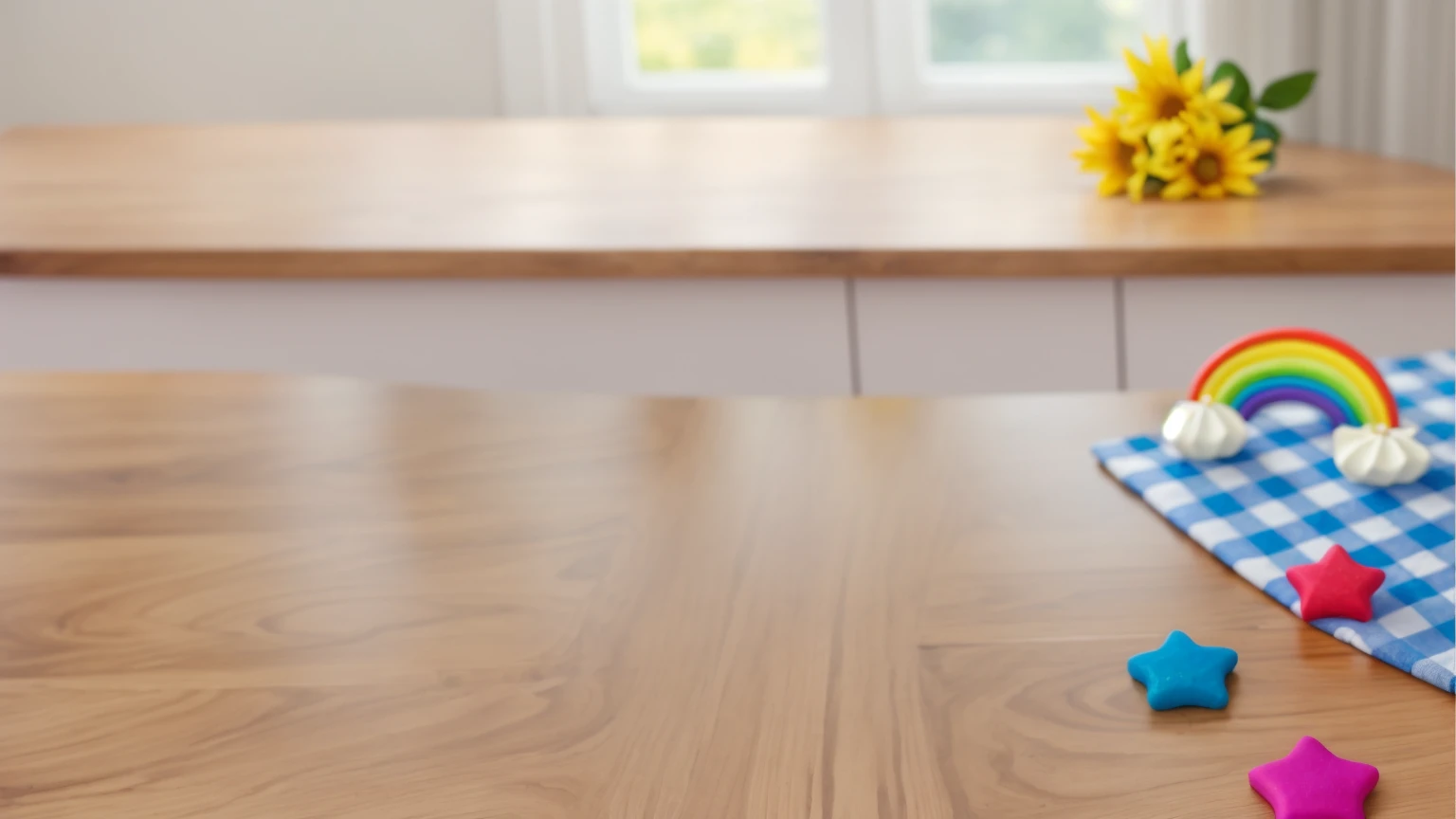 on a wooden table. there is a white plate. on the table there is a BLUE checkered tablecloth, there are STAR candies on the table next to them, ON THE TABLECLOTH IS A RAINBOW MADE OF POLYMER CLAY. against the background of the kitchen, Fruit basket, vase with Flowers, Basket with berries , bright lighting, Realistic style , realistic texture, detailed texture, a high resolution, high quality