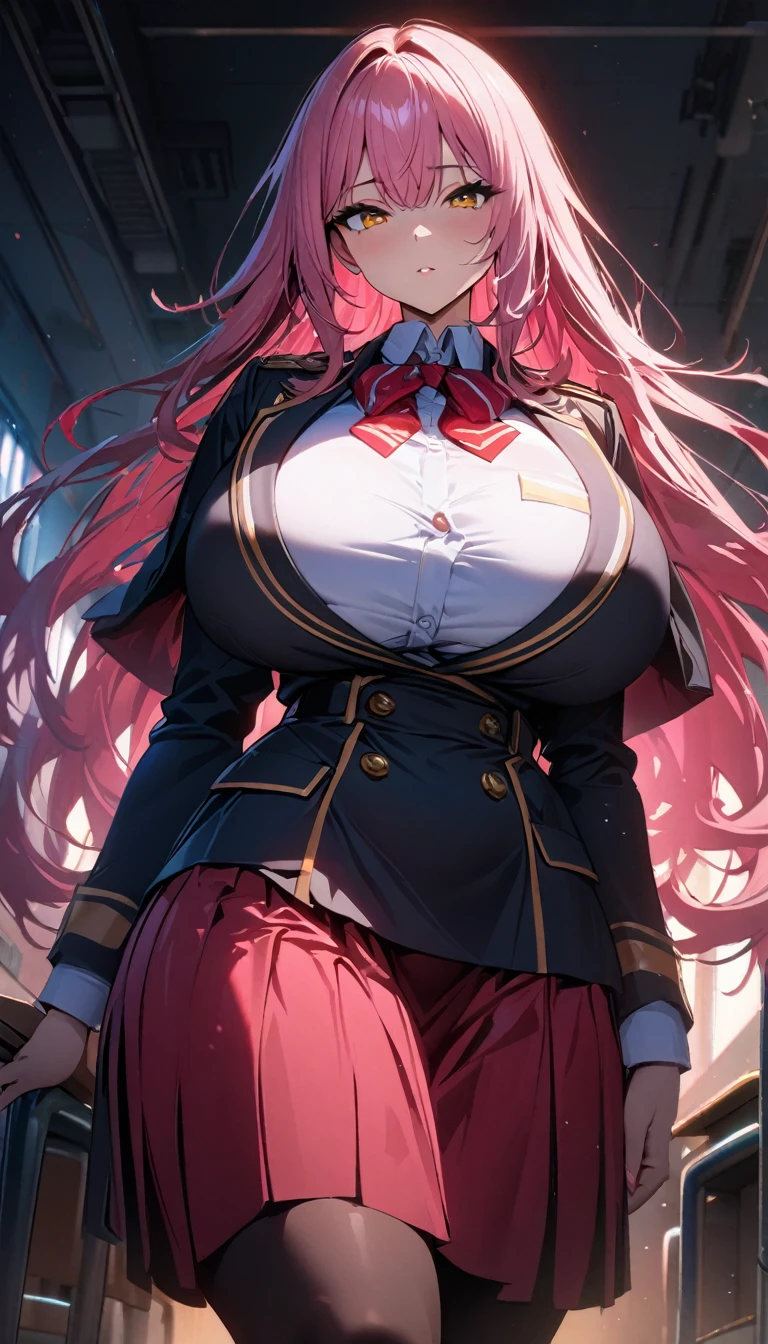 1girl,school,super huge breasts,standing up,pink hair,golden eyes,staring coldly,long hair,uniform,(best quality,4k,highres,masterpiece:1.2),ultra-detailed, dramatic lighting,vibrant colors,cinematic