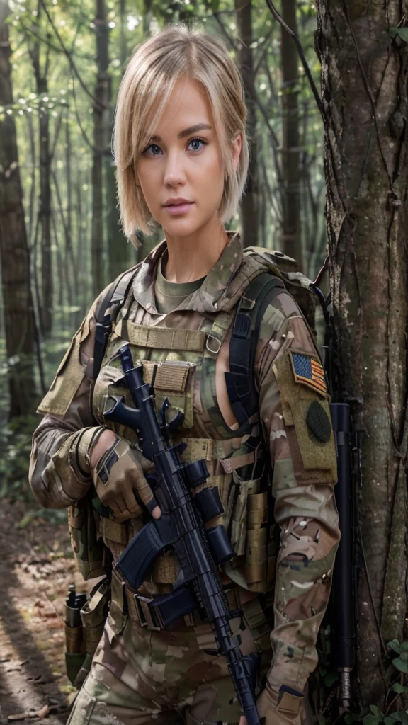 ((masterpiece、ultra fine photos、top-quality、超A high resolution、Photorealsitic、foco nítido、(bustshot、Focus from the chest up)、(Beautiful Female Soldier、30-year-old woman with)))、delicated face、((fair white skin、blue eyess、Blonde Shorthair))、Military Cap、Woodland Camouflage Military Uniform、Woodland Camouflage Tactical Vest、Woodland Camouflage Long Pants、Combat gloves、Carry a Woodland Camouflage Backpack、Black Military Undershirt、Focus from the chest up、Detailed face and chest depiction、Detailed hand depiction、combat pose、Dynamic Poses、Dynamic action、in woods、White smoke、watching at viewers