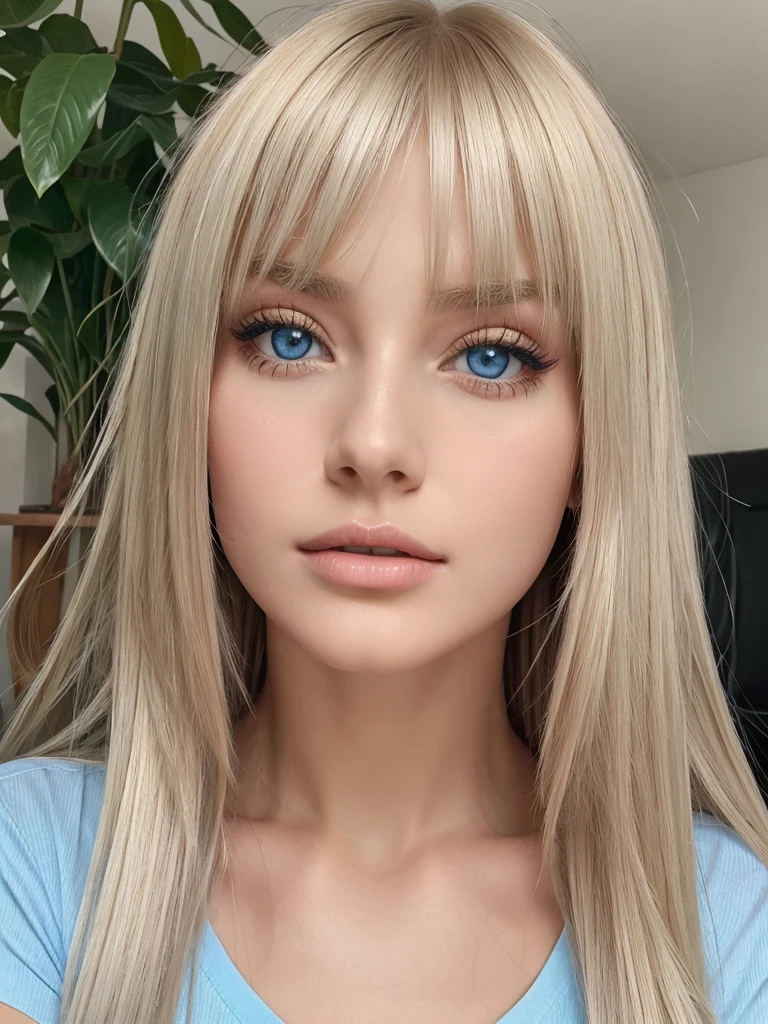 Unparalleled beauty, shiny shiny firm and shiny skin, bangs between eyes, shiny straight beautiful platinum blonde, super long straight silky hair, eyeliner, sexy beautiful innocent 18 years old, high definition big big beautiful bright blue eyes, beautiful and lovely girl, short sleeve shirt