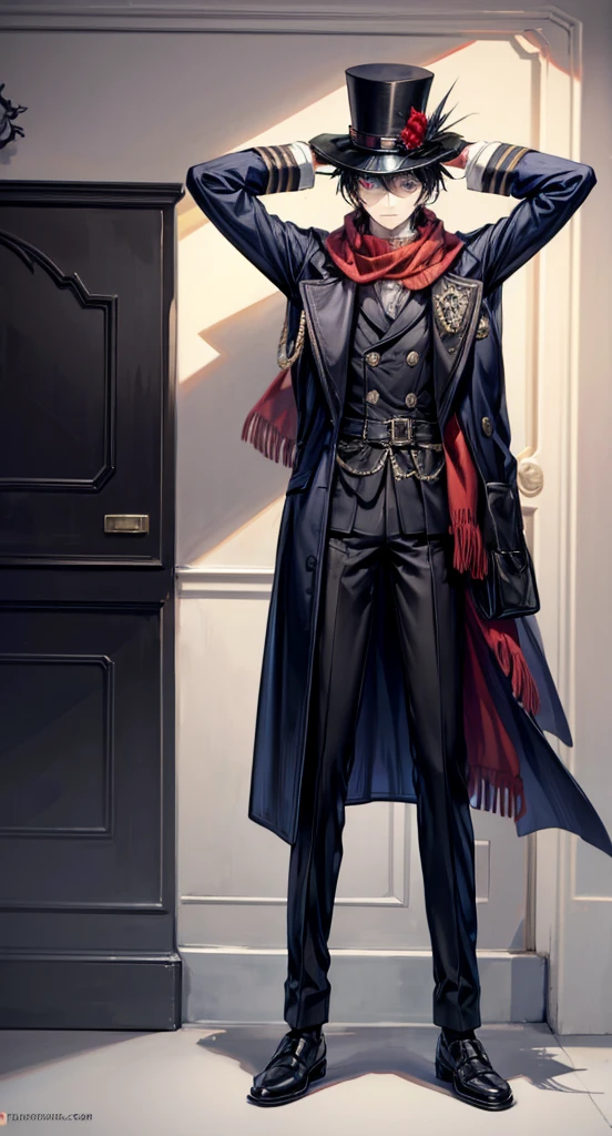 Male character,Quite well-dressed with a fancy coat fitting to his status as a train conductor as well as a top hat, scarf, and gloves, Implied to be a ghost or some other kind of undead being due to belonging in the Ghost Station, Although not young, he does appear to be quite pale and thin, ghostly feel to him, Has some sort of obscurity going on with his eyes due to the shadow of his cap, He also has noticeable eye circles, Italian, T-pose, character turn around design sheet, full body, portrait in left corner, mystical powers