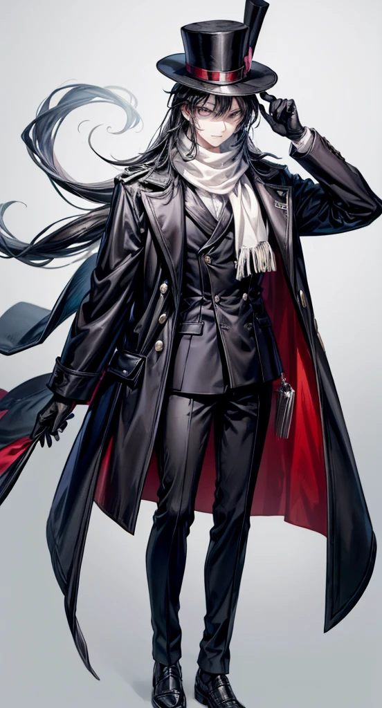 Male character,Quite well-dressed with a fancy coat fitting to his status as a train conductor as well as a top hat, scarf, and gloves, Implied to be a ghost or some other kind of undead being due to belonging in the Ghost Station, Although not young, he does appear to be quite pale and thin, ghostly feel to him, Has some sort of obscurity going on with his eyes due to the shadow of his cap, He also has noticeable eye circles, Italian, T-pose, character turn around design sheet, full body, portrait in left corner, mystical powers