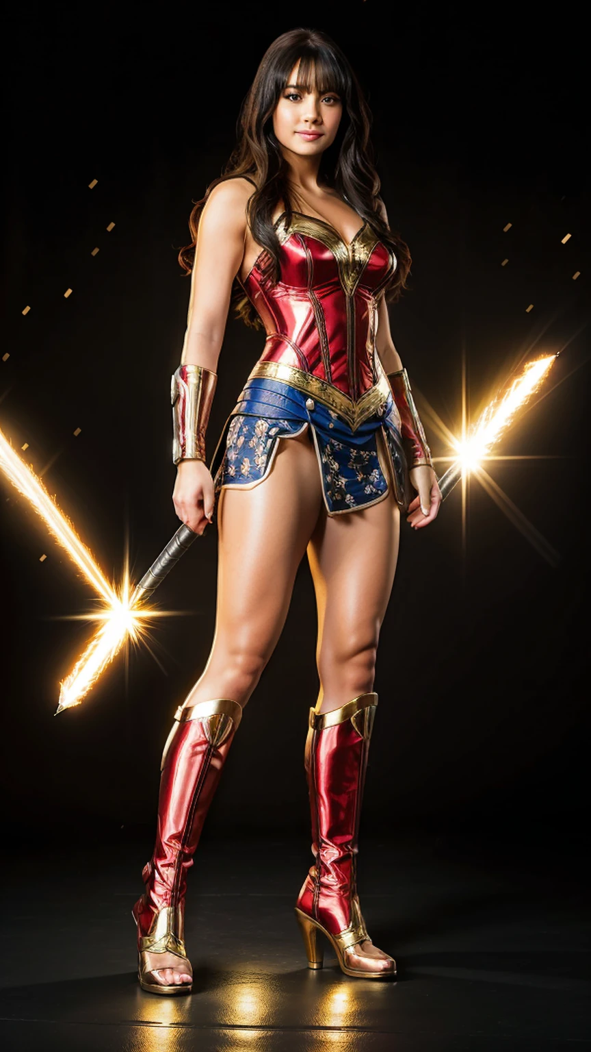 ((full body photo, standing, feet on the ground)) Wonder Woman A Alison Tyler  red-haired warrior with yellow eyes wearing black and gold Supergirl armor,hair with bangs, hair with bangs, lots of lighting
