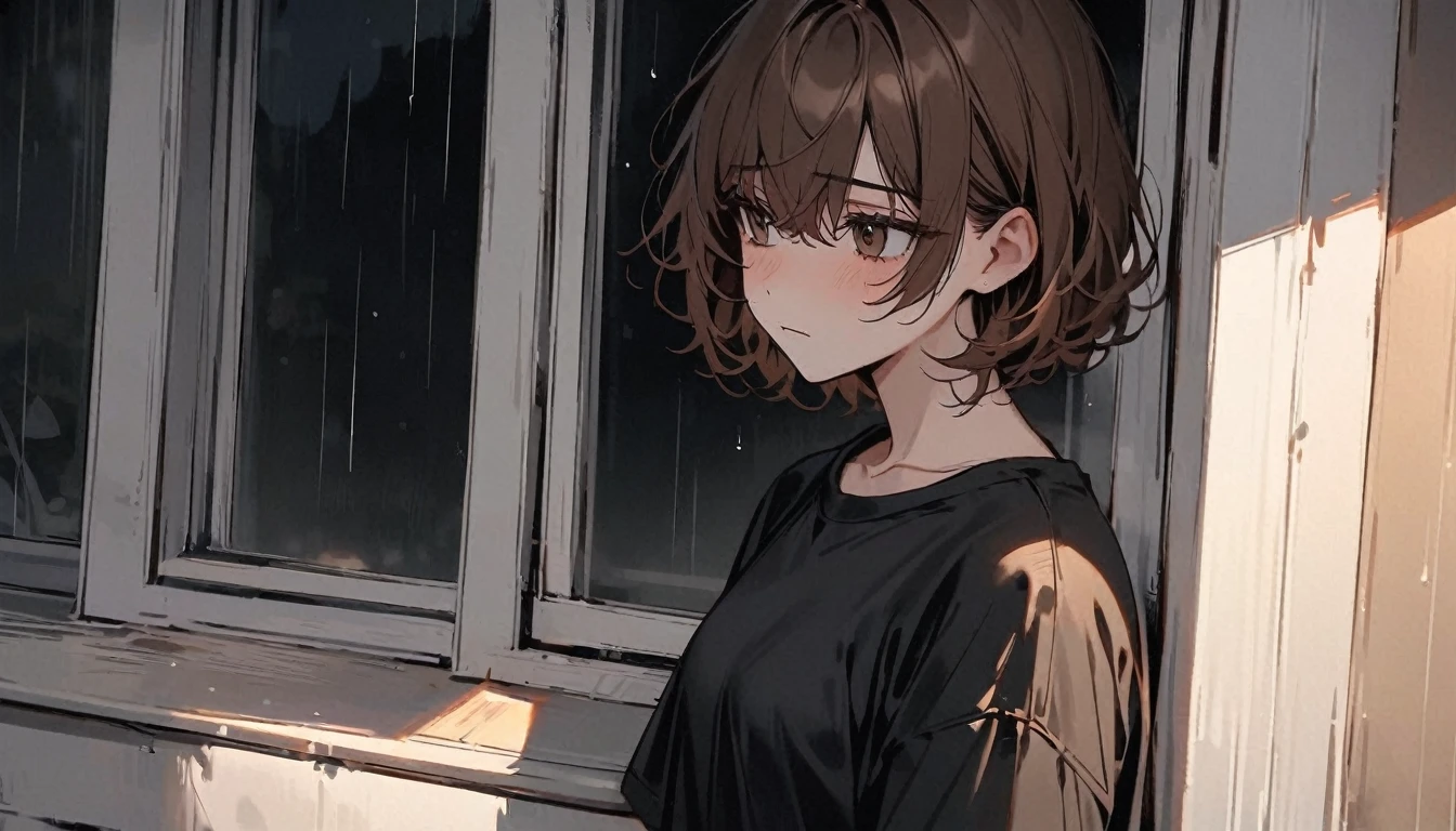 Beautiful and cute,single,long brown hair,Eyes sparkling, beautiful, outstanding,black t-shirt,Jeans,Make a depressed face,standing looking out the window,The rain was falling outside., mood,A fat white cat sat on the window sill looking outside.
