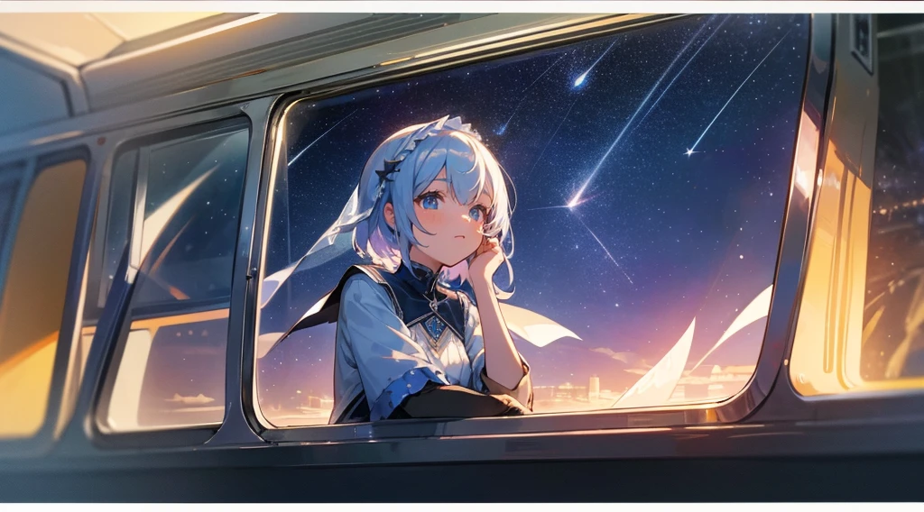 train, sitting by the window, pose pensives, Look at the stars, Head glued to the glass, Landscape passing by at high speed, beautiful starry sky, Une belle fille avec, UHD Portrait, (High quality) (ultra details)