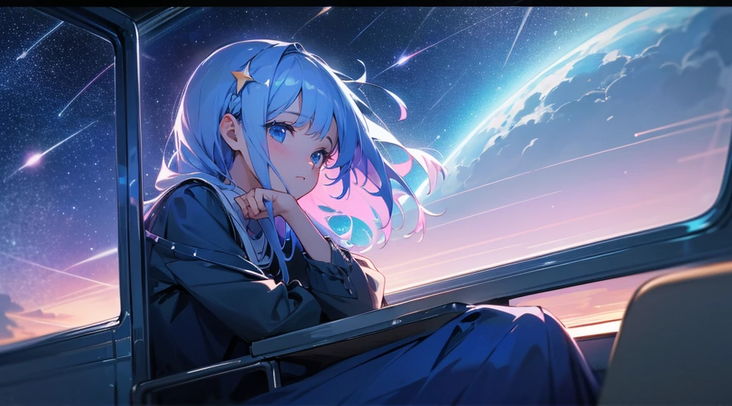 train, sitting by the window, pose pensives, Look at the stars, Head glued to the glass, Landscape passing by at high speed, beautiful starry sky, Une belle fille avec, UHD Portrait, (High quality) (ultra details)