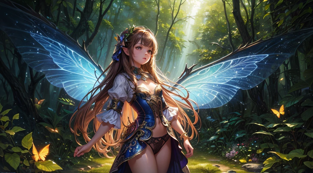 ( Absurd, High quality, ultra-detailed, masterpiece, concept art, smooth, highly detailed artwork, hyper-realistic painting ) , tiny , cute, whole body, Romantic, Vivid, dreamy, fantasy, fairy wings, in the forest, enchanting glow, very detailed art, reveal clothes, sexy lace underwear, light brown hair