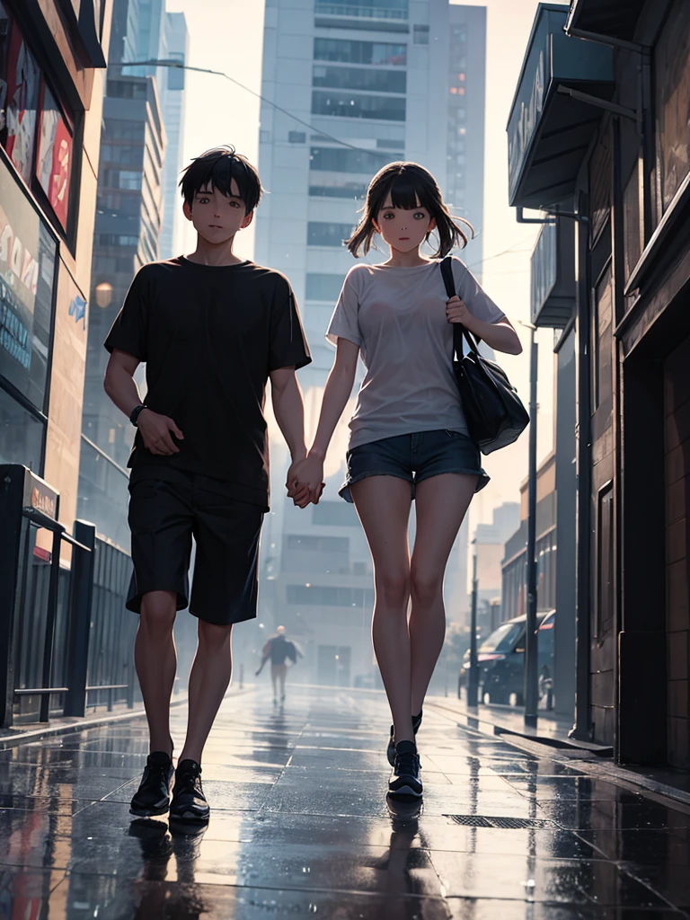 A boy and a girl holding hands running in the rain 