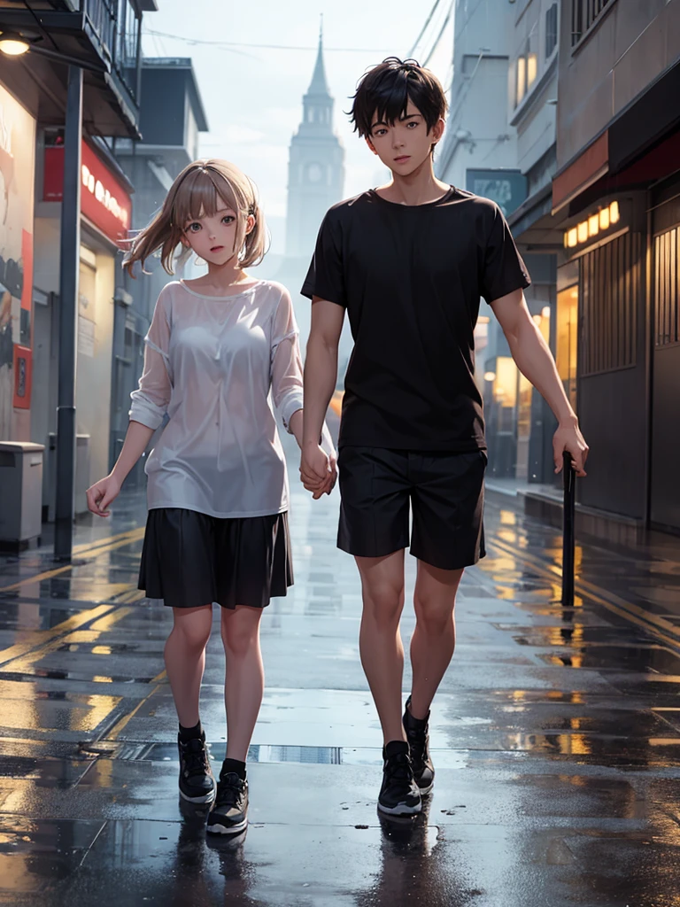 A boy and a girl holding hands running in the rain