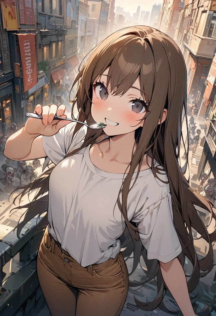 (BEST QUALITY), (MASTERPIECE), illustration, Extremely_detail, 4k wallpaper , 1 girl, tall girl, White T-Shirt, brown jeans, 18 years old , brown Hair, long hair, black eyes, cute, beautiful, smile, holding a spoon and a Fork, Background of the city, zombies