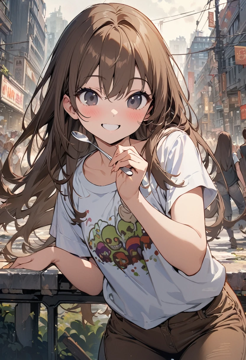 (BEST QUALITY), (MASTERPIECE), illustration, Extremely_detail, 4k wallpaper , 1 girl, tall girl, White T-Shirt, brown jeans, 18 years old , brown Hair, long hair, black eyes, cute, beautiful, smile, holding a spoon and a Fork, Background of the city, zombies