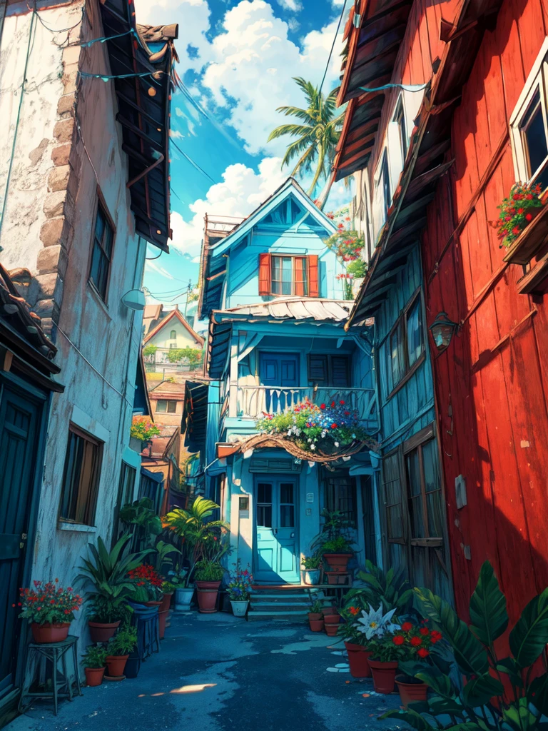 super wide perspective, outdoors, a beautiful white colored old cabin, blue doors and windows, beach side, windy, moody weather, sand, tropical plants, stairs, amazing sky, ghibli anime scene, pots with tropical leafy plants, white metal chair with table, white cycle with basket, red flowers in balcony, flowers in foreground, cinematic color tones, subtle light, vibrant color tones, ghibli style, no humans, scenery, masterpiece, high resolution