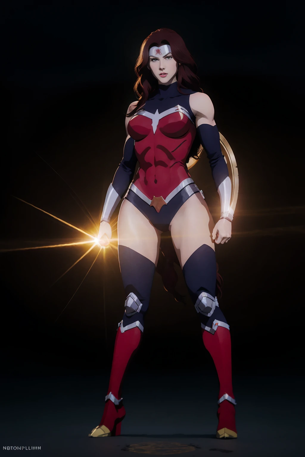 ((full body photo, standing, feet on the ground)) Wonder Woman A Alison Tyler  red-haired warrior with yellow eyes wearing black and gold Supergirl armor, bright lighting, light background, sunlight
