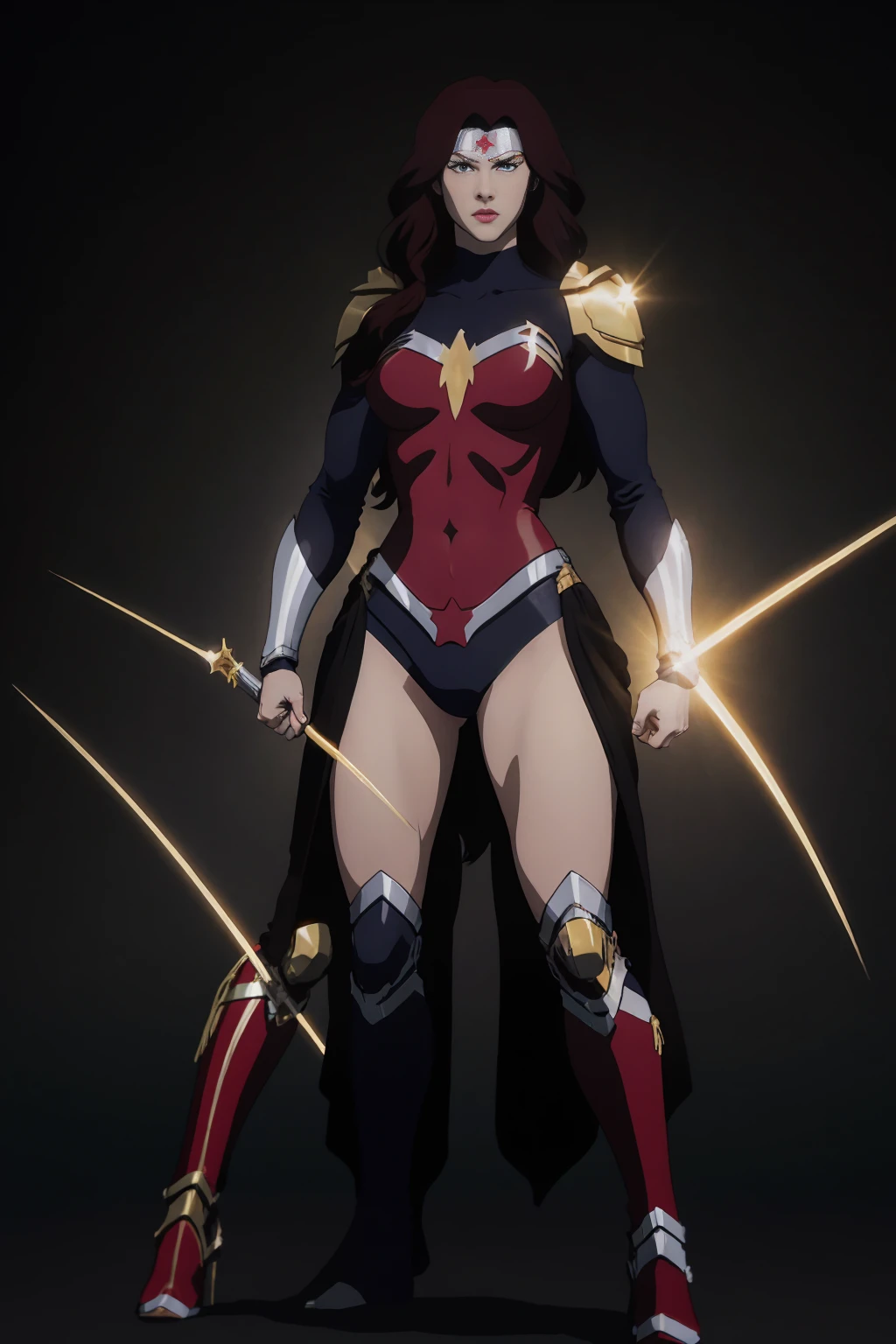 ((full body photo, standing, feet on the ground)) Wonder Woman A Alison Tyler  red-haired warrior with yellow eyes wearing black and gold Supergirl armor, bright lighting, light background, sunlight
