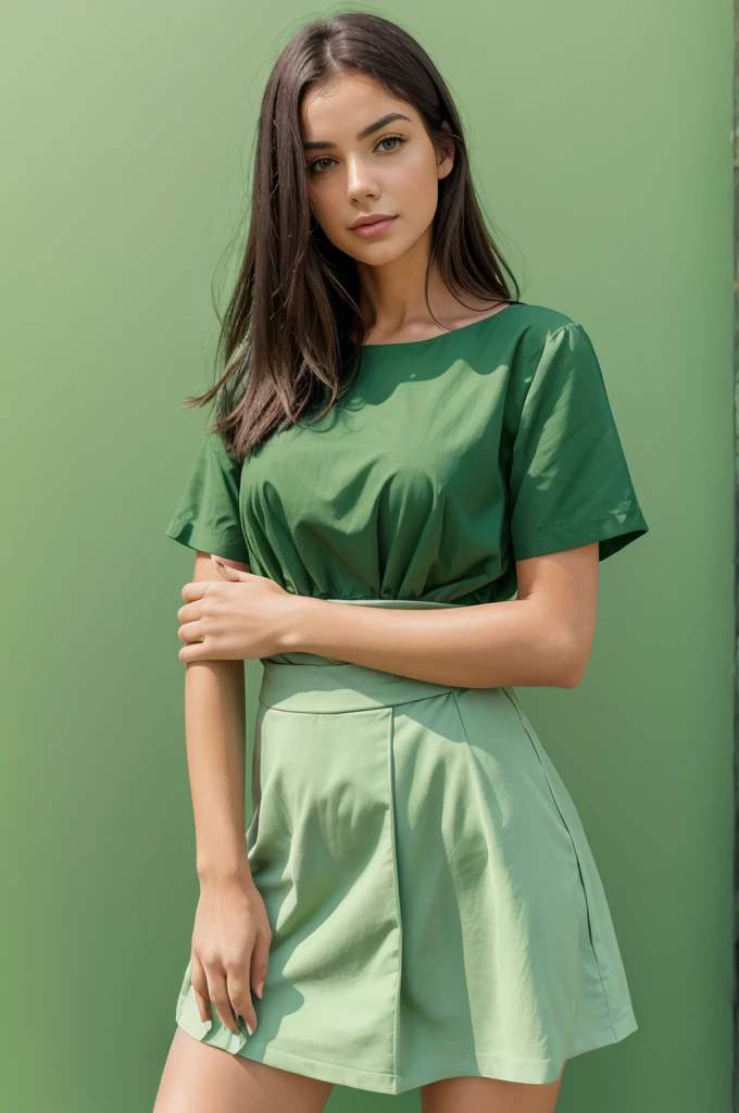 A women standing and holding her hands on a green background 