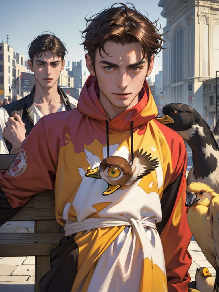 (masterpiece, ultra high res, 16k uhd, high quality),low key,commute,ad,tv,standing,looking at viewer,Hoodie,masterpiece,in the restaurant,sitting,(brown hair),black eyes,turn to the back,smile,Seoul,(small head),Precise human body structure,Precise hand structure,(duck egg face),Light-colored clothing,red coat,yellow top,Unity 16K Wallpapers,Concept Art,A person,8K eyes,Grassland,Dress,Park,Bench,Pigeons,(((mature male))),((big eyes:1.3)),(short hair),((1 American mixed-race man)),Sweatpants,(Realistic face:1.8),Wide Shoulders,Single,(whole body:1.6),andriod 18,