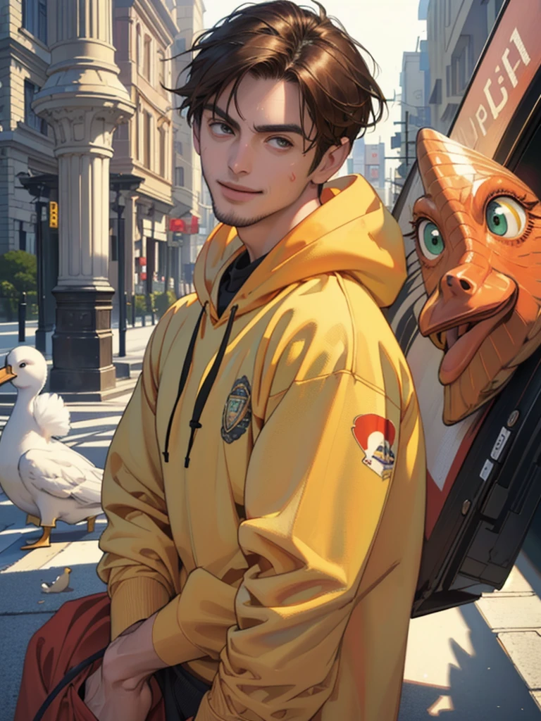(masterpiece, ultra high res, 16k uhd, high quality),low key,commute,ad,tv,standing,looking at viewer,Hoodie,masterpiece,in the restaurant,sitting,(brown hair),black eyes,turn to the back,smile,Seoul,(small head),Precise human body structure,Precise hand structure,(duck egg face),Light-colored clothing,red coat,yellow top,Unity 16K Wallpapers,Concept Art,A person,8K eyes,Grassland,Dress,Park,Bench,Pigeons,(((mature male))),((big eyes:1.3)),(short hair),((1 American mixed-race man)),Sweatpants,(Realistic face:1.8),Wide Shoulders,Single,(whole body:1.6),andriod 18,