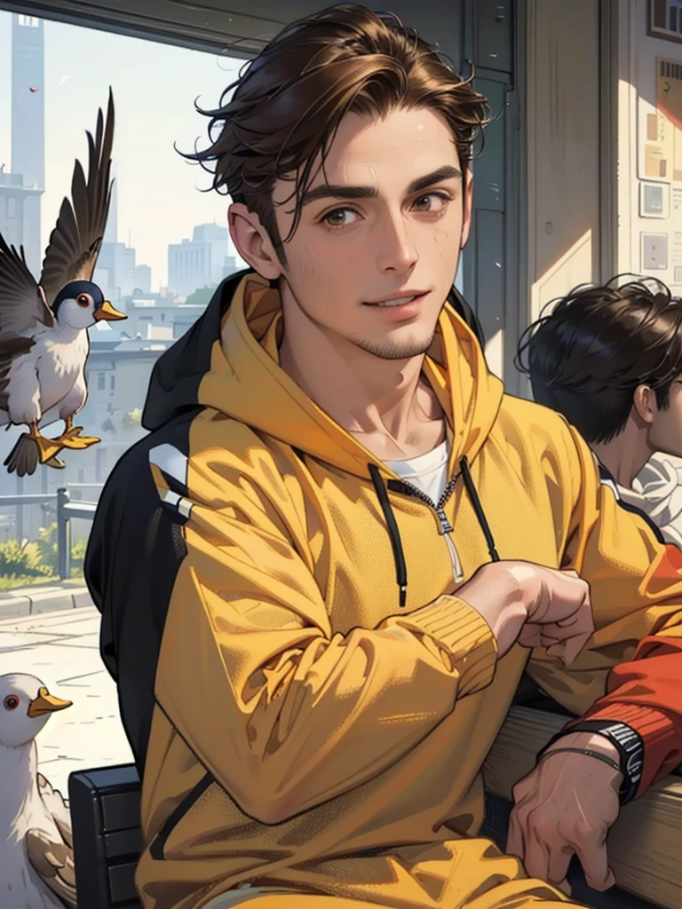 (masterpiece, ultra high res, 16k uhd, high quality),low key,commute,ad,tv,standing,looking at viewer,Hoodie,masterpiece,in the restaurant,sitting,(brown hair),black eyes,turn to the back,smile,Seoul,(small head),Precise human body structure,Precise hand structure,(duck egg face),Light-colored clothing,red coat,yellow top,Unity 16K Wallpapers,Concept Art,A person,8K eyes,Grassland,Dress,Park,Bench,Pigeons,(((mature male))),((big eyes:1.3)),(short hair),((1 American mixed-race man)),Sweatpants,(Realistic face:1.8),Wide Shoulders,Single,(whole body:1.6),andriod 18,
