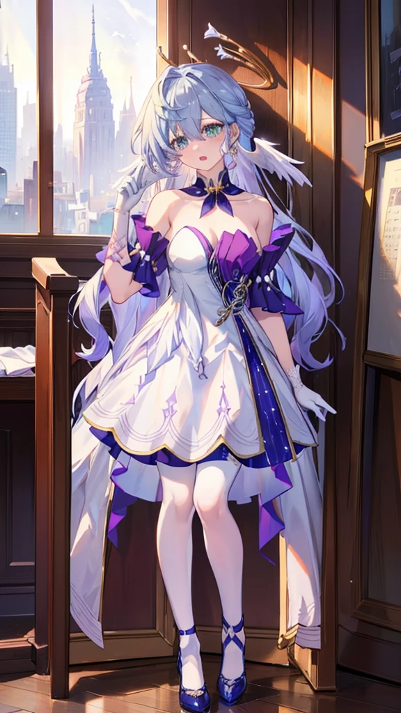 (masterpiece, top quality, best quality, official art, beautiful and aesthetic:1.2),(8k, best quality, masterpiece:1.2), (((masterpiece))),(((best quality))),(((extremely detailed))),illustration,who, (masterpiece, top quality, best quality, official art, beautiful and aesthetic:1.2),(8k, best quality, masterpiece:1.2), looking at viewer, aroused, blush, open mouth, lying, bed sheet, hands up, 1girl,robin_\(honkai:_star_rail\),head_wings,bare_shoulders,white_gloves,detached_sleeves,strapless_dress,white_dress,short_sleeves,white_pantyhose,full body view