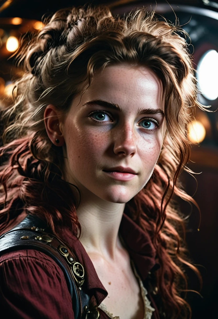 (editorial photography of Aerith Gainsborough), (highly detailed face:1.4), no close-up, (smile:0.4), (background inside dark, moody, private:1.3), steampunk pirate's airship, nikon d850, stock photography, kodak portra 400 film ,camera f1.6 lens, bokeh, analog style, rich colors, hyper realistic, lifelike texture, dramatic lighting, cinestill 800, messy hair, serious, (freckles:0.4), pale skin, cute sexy