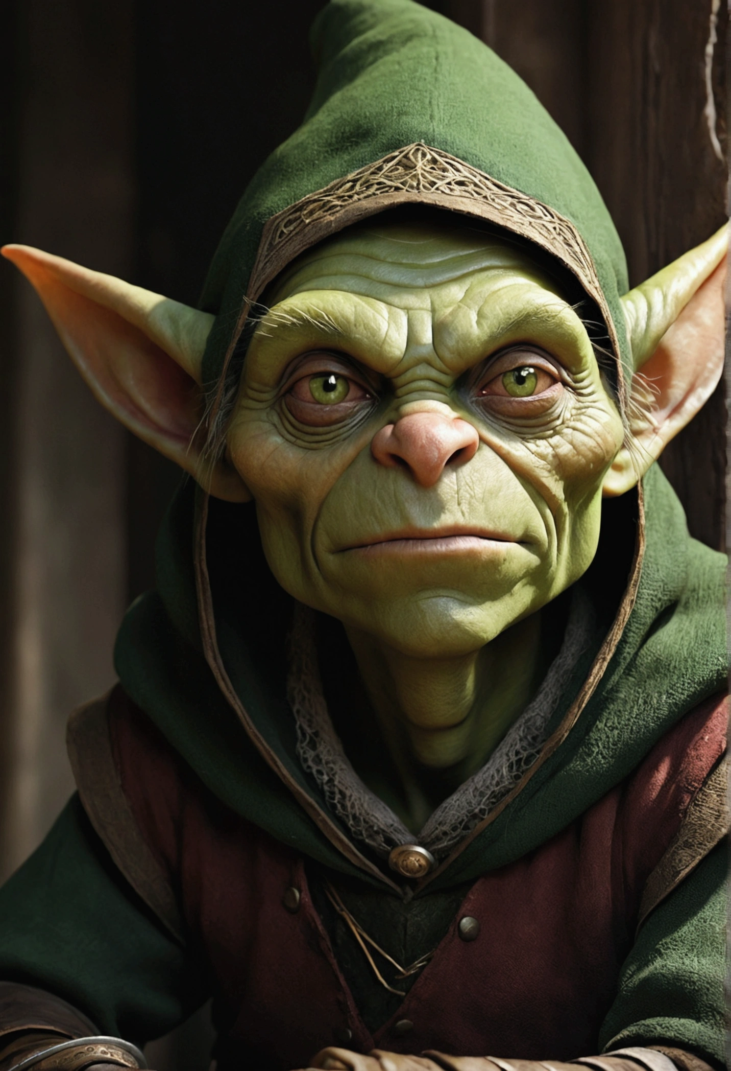 green-skinned, sharp-toothed visible tooth, roguish dressed, (roguish clothes, medieval clothes) with a hood up goblin sits in the shadows. The goblin is acting as a sentinel. The details of the goblin's hood is visible, showing its worn nature. The green skin of the goblin is vibrant, emphasizing its otherworldly appearance. the goblin is young, about 20 years old, has a sharp, green, smart but slightly menacing face. (nice face, normal green nose, face of a magic adept, goblin face). The lighting in the scene is dim, with a subtle glow casting eerie shadows on the goblin's face and surroundings. The overall image quality is of the highest standard, with ultra-detailed textures and a photorealistic rendering. The artwork is depicted in a medium that best showcases its unique style and texture, whether it be an illustration, oil painting, 3D rendering, or photography. The color palette is dominated by earthy tones, with a focus on various shades of green to complement the goblin's appearance.