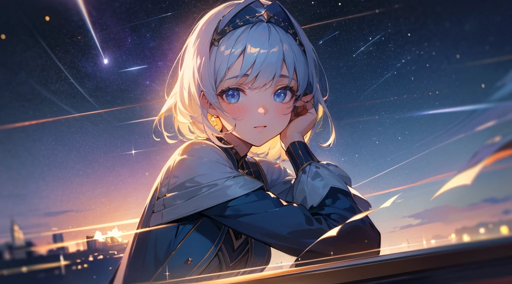 train, sitting by the window, pose pensives, Look at the stars, Head glued to the glass, Landscape passing by at high speed, beautiful starry sky, Une belle fille avec, UHD Portrait, (High quality) (ultra details), 8k, best quality