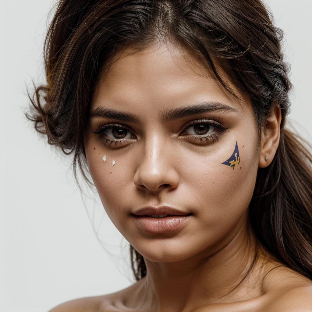 Venezuelan woman, sexy, with white photographic background, a Venezuelan flag drawn on his cheek
