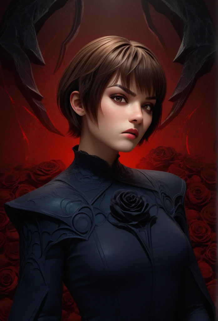 Short Hair, High Resolution, Bangs, Serious, Raised Eyebrows, Red Lips, Caustics, Abstract, 3D Rendering, Chaos, brown eyes, pretty woman, black roses background