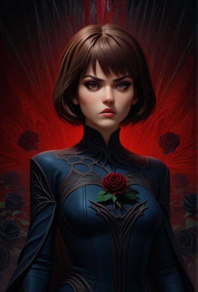 Short Hair, High Resolution, Bangs, Serious, Raised Eyebrows, Red Lips, Caustics, Abstract, 3D Rendering, Chaos, brown eyes, pretty woman, black roses background 