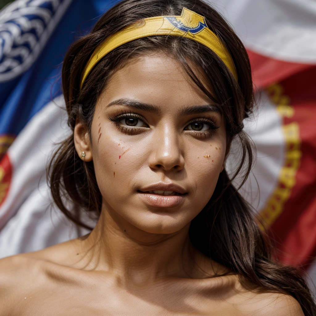 Venezuelan woman, sexy, with white photographic background, a Venezuelan flag drawn on his cheek
