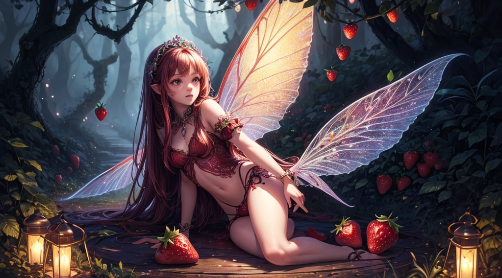 ( Absurd, High quality, ultra-detailed, masterpiece, concept art, smooth, highly detailed artwork, hyper-realistic painting ) , tiny , strawberry girl, Strawberries, cute, whole body, Romantic, Vivid, dreamy, fantasy, fairy wings, in the forest, enchanting glow, very detailed art, reveal clothes, sexy lace underwear
